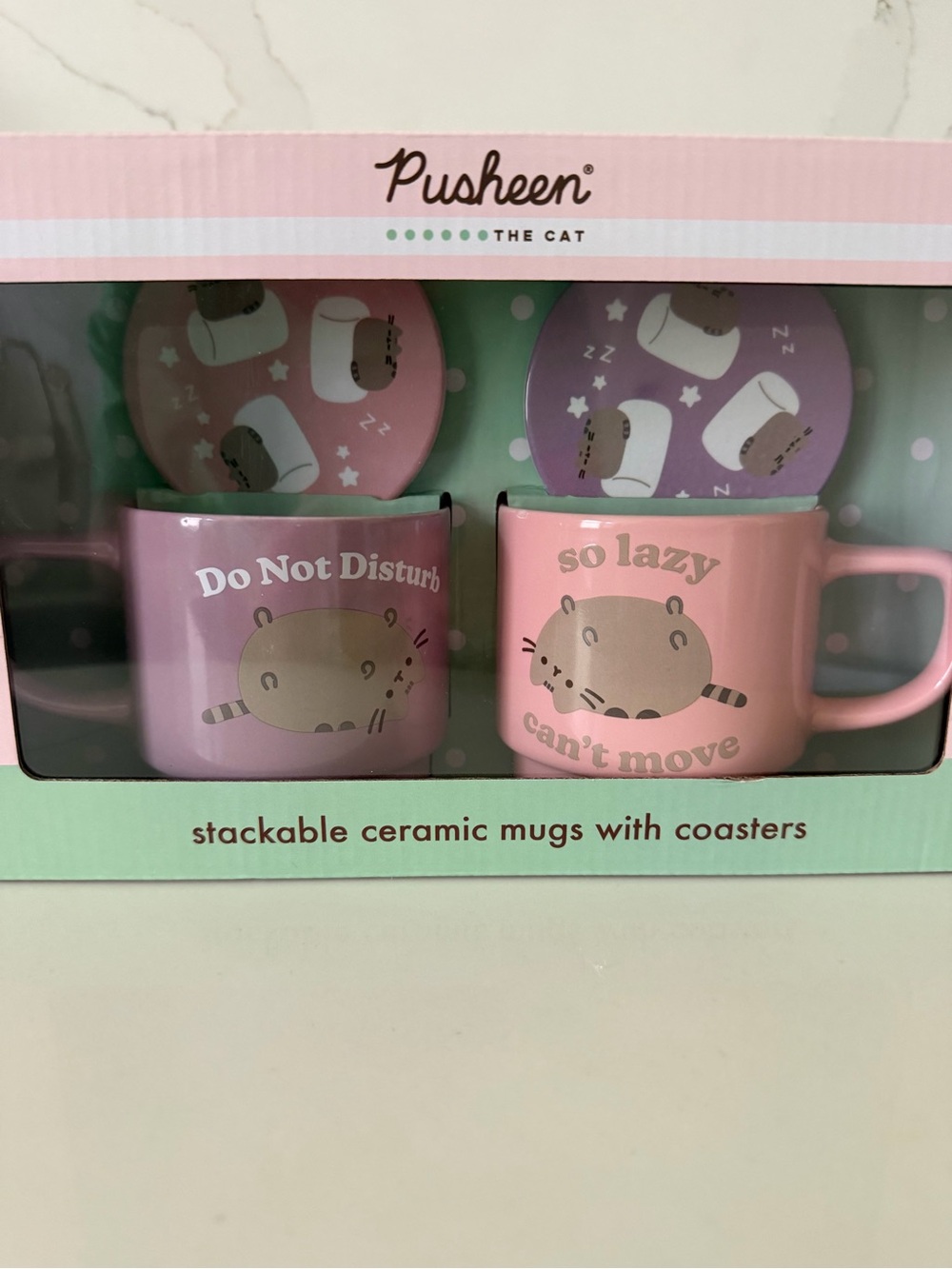 Pusheen Pink and Lavender Stackable Ceramic Mug Set with Coasters - Picture 5 of 5